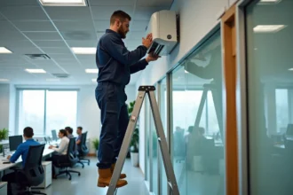 Technicien HVAC installant une climatisation dans un bureau