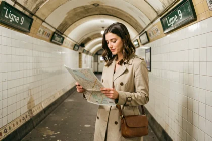 Touriste consultant un plan du métro parisien sur le quai de la ligne 9, ambiance souterraine authentique avec carrelage blanc et signalétique vintage