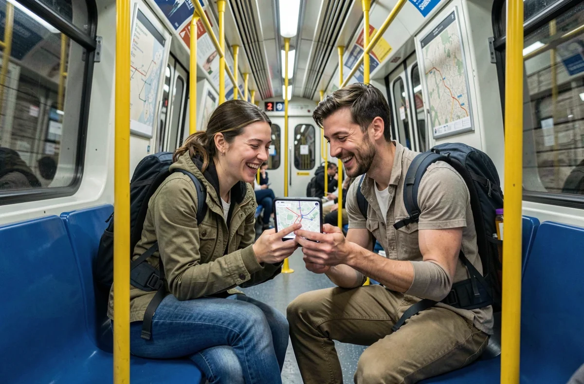 Deux touristes riants dans une rame de métro parisien ligne 9, consultant leur itinéraire sur smartphone avec l'intérieur typique du métro en arrière-plan