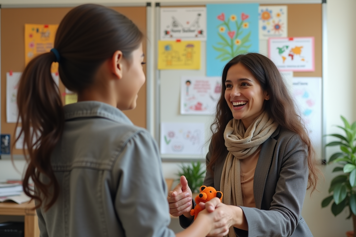 Travailleuse accueillante saluant un enfant souriant