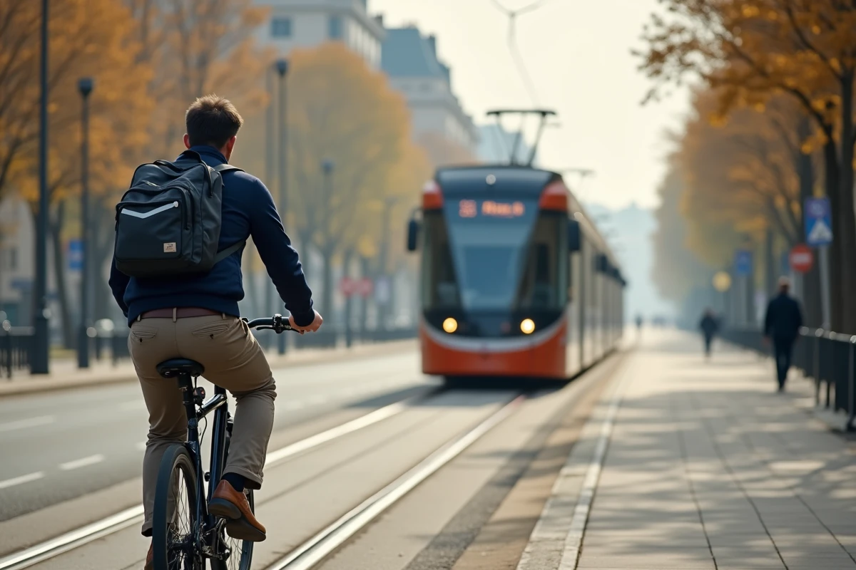 Un homme à vélo longe les rails du tram Ligne 2 à Nantes sur une piste cyclable dédiée en automne