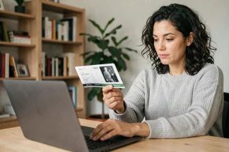 Femme examinant un billet de concert avant de le revendre en toute sécurité depuis son bureau à domicile