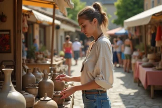 Femme parcourant les étals d'un vide-grenier en plein air dans un village de l'Ain, examinant une poterie ancienne