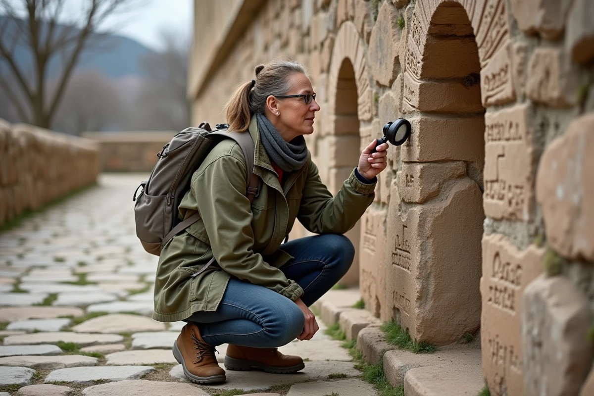 Femme explorant les inscriptions d'une arche en pierre du site ASPOLT au Kerfent lors d'une visite de découverte patrimoniale