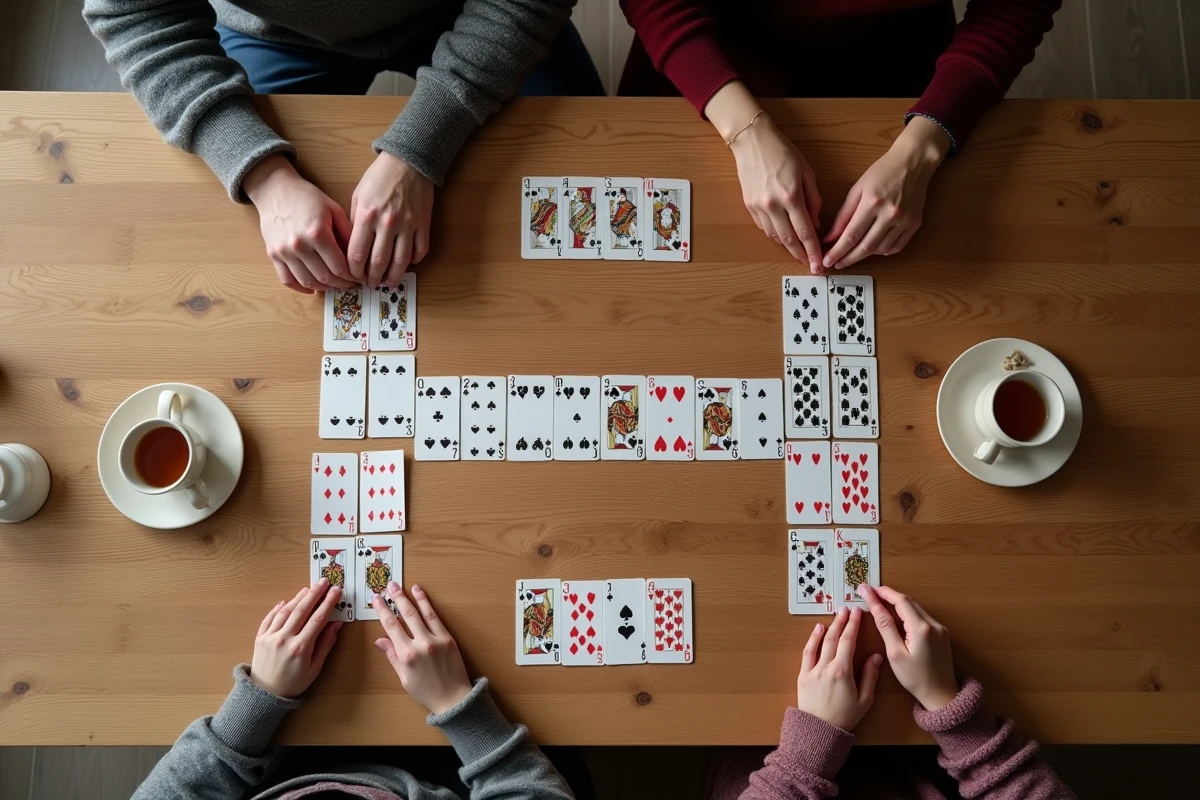 Vue aérienne d'une partie de crapette en cours sur une table en chêne avec les deux zones de jeu et les mains des deux joueurs visibles
