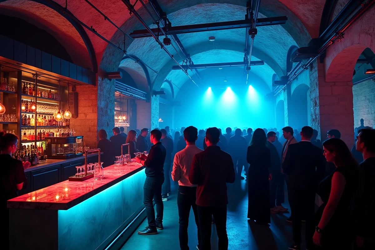 Vue large d'une boîte électro parisienne en sous-sol lors d'un afterwork, mélange de professionnels et clubbers dans un cadre architectural historique